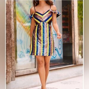 Boston Proper Sequin Colorblock Off Shoulder Cocktail Party Mini Dress Size 2